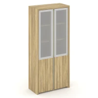 COR.ST-1.2R (Гикори песочный) Шкаф высокий, широкий, 2 низких фасада ЛДСП и 2 средних фасада стекло сатин в раме