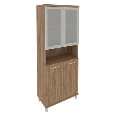 First KST-1.4R (Дуб табак) Шкаф высокий широкий (2 низкие двери ЛДСП, 2 низкие двери стекло в раме)