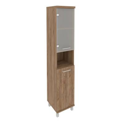 First KSU-1.4(L) (Дуб табак) Шкаф высокий узкий левый (1 низкая дверь ЛДСП, 1 низкая дверь стекло)