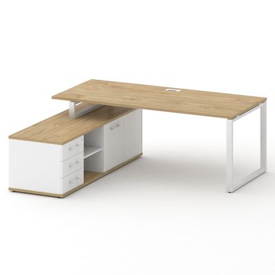 Шифт SK.SRG-200.P-L (Тиквуд светлый/Белый бриллиант/металл белый) Стол руководителя с опорной греденцией, левый