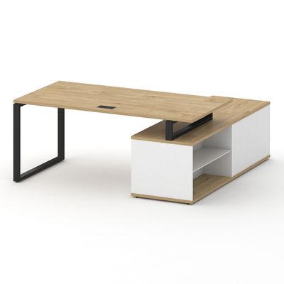 Шифт SK.SRG-180.P-L (Тиквуд светлый/Белый бриллиант/металл черный) Стол руководителя с опорной греденцией, левый