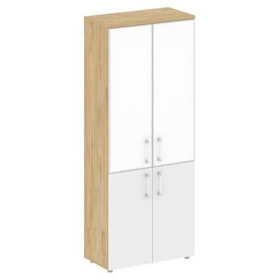 Шифт SK.ST-1.2R white (Тиквуд светлый/Белый бриллиант) Шкаф высокий широкий, 2 низких фасада ЛДСП и 2 средних фасада лакобель белый в раме