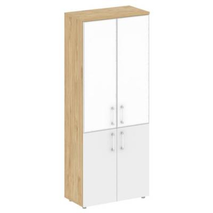 SK.ST-1.2R white (Тиквуд светлый/Белый бриллиант) Шкаф высокий широкий, 2 низких фасада ЛДСП и 2 средних фасада лакобель белый в раме