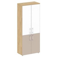 Шифт SK.ST-1.2R white (Тиквуд светлый/Капучино) Шкаф высокий широкий, 2 низких фасада ЛДСП и 2 средних фасада лакобель белый в раме