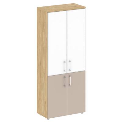 Шифт SK.ST-1.2R white (Тиквуд светлый/Капучино) Шкаф высокий широкий, 2 низких фасада ЛДСП и 2 средних фасада лакобель белый в раме