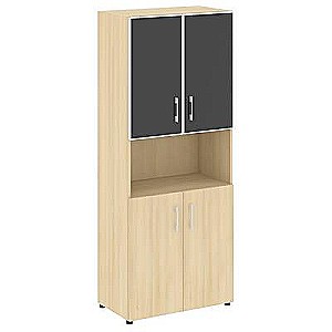 LT.ST-1.4 R black (Акация лорка) Шкаф высокий широкий (2 низких фасада ЛДСП + 2 низких фасада стекло лакобель белое в раме)