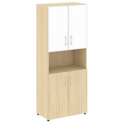 Yalta LT.ST-1.4 R white (Акация лорка) Шкаф высокий широкий (2 низких фасада ЛДСП + 2 низких фасада стекло лакобель белое в раме)