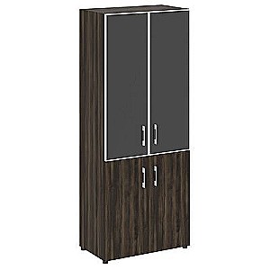LT.ST-1.2 R black (Дуб мали) Шкаф высокий широкий (2 низких фасада ЛДСП + 2 средних фасада стекло лакобель черное в раме)