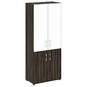LT.ST-1.2 R white (Дуб мали) Шкаф высокий широкий (2 низких фасада ЛДСП + 2 средних фасада стекло лакобель белое в раме)