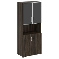 Yalta LT.ST-1.4 R black (Дуб мали) Шкаф высокий широкий (2 низких фасада ЛДСП + 2 низких фасада стекло лакобель белое в раме)