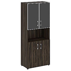 LT.ST-1.4 R black (Дуб мали) Шкаф высокий широкий (2 низких фасада ЛДСП + 2 низких фасада стекло лакобель белое в раме)