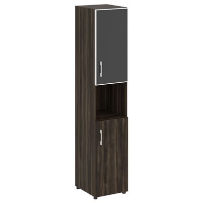 Yalta LT.SU-1.4 R (R) black (Дуб мали) Шкаф высокий узкий правый (1 низкий фасад ЛДСП + 1 низкий фасад стекло лакобель черный в раме)