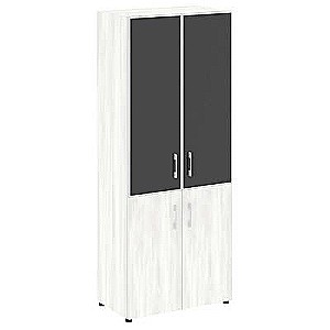 LT.ST-1.2 R black (Снежная патина) Шкаф высокий широкий (2 низких фасада ЛДСП + 2 средних фасада стекло лакобель черное в раме)