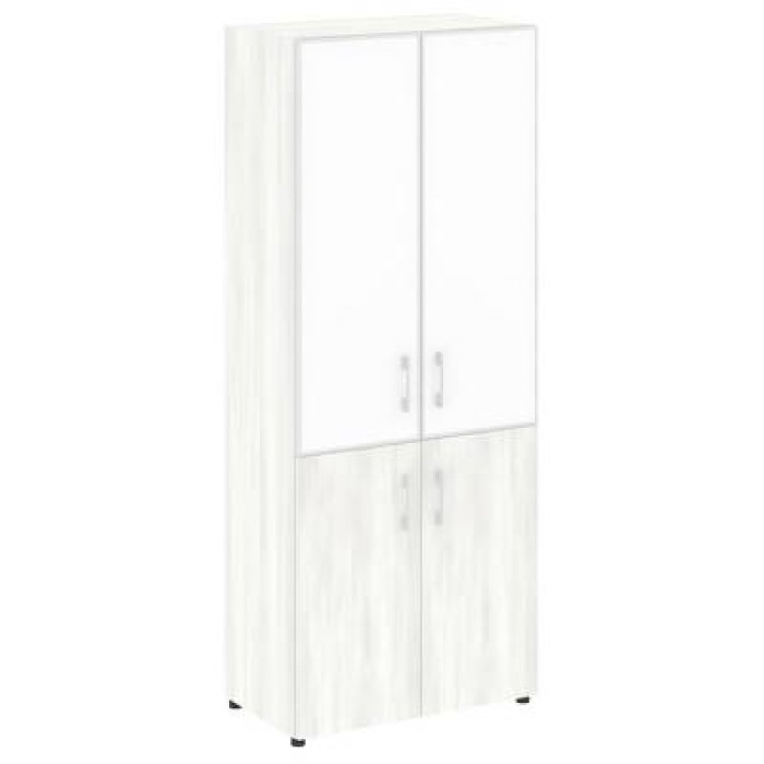 LT.ST-1.2 R white (Снежная патина) Шкаф высокий широкий (2 низких фасада ЛДСП + 2 средних фасада стекло лакобель белое в раме)