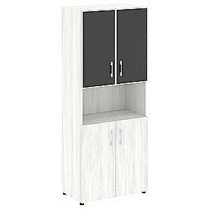 LT.ST-1.4 R black (Снежная патина) Шкаф высокий широкий (2 низких фасада ЛДСП + 2 низких фасада стекло лакобель белое в раме)