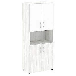 LT.ST-1.4 R white (Снежная патина) Шкаф высокий широкий (2 низких фасада ЛДСП + 2 низких фасада стекло лакобель белое в раме)