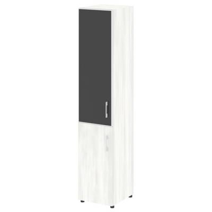 LT.SU-1.2 R (L) black (Снежная патина) Шкаф высокий узкий левый (1 низкий фасад ЛДСП + 1 средний фасад стекло лакобель черный в раме)