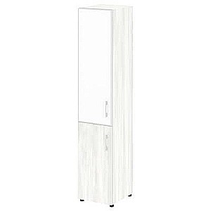 LT.SU-1.2 R (L) white (Снежная патина) Шкаф высокий узкий левый (1 низкий фасад ЛДСП + 1 средний фасад стекло лакобель белый в раме)