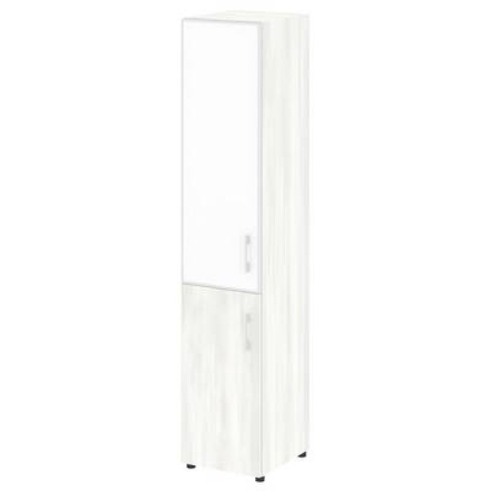 LT.SU-1.2 R (L) white (Снежная патина) Шкаф высокий узкий левый (1 низкий фасад ЛДСП + 1 средний фасад стекло лакобель белый в раме)