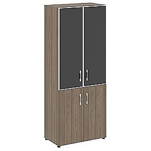 LT.ST-1.2 R black (Вяз благородный) Шкаф высокий широкий (2 низких фасада ЛДСП + 2 средних фасада стекло лакобель черное в раме)