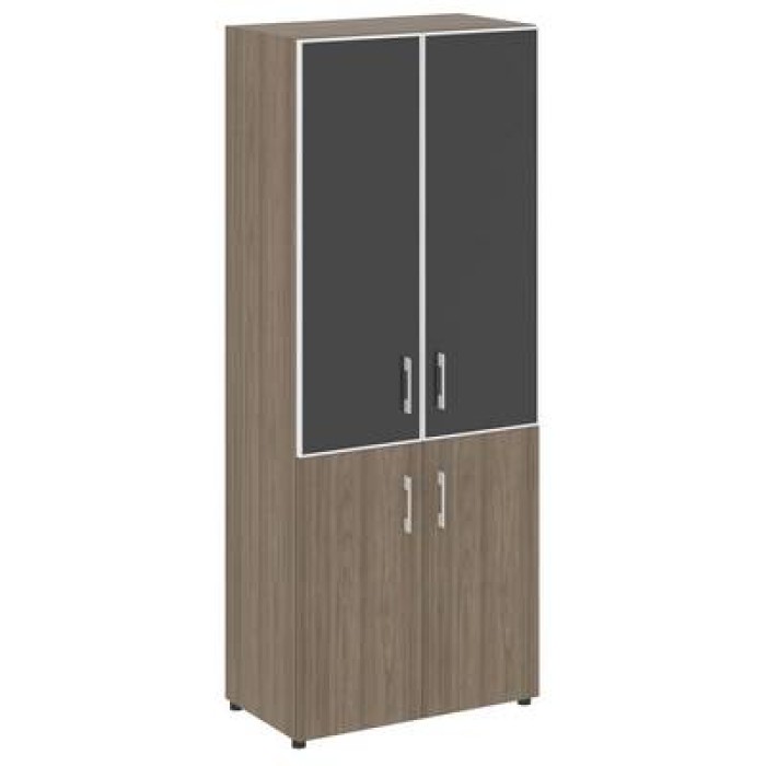 LT.ST-1.2 R black (Вяз благородный) Шкаф высокий широкий (2 низких фасада ЛДСП + 2 средних фасада стекло лакобель черное в раме)