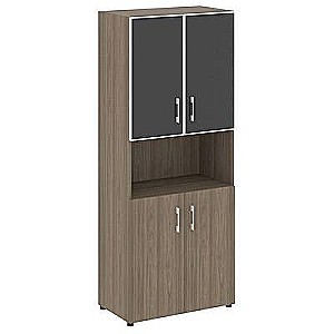 LT.ST-1.4 R black (Вяз благородный) Шкаф высокий широкий (2 низких фасада ЛДСП + 2 низких фасада стекло лакобель белое в раме)