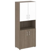 Yalta LT.ST-1.4 R white (Вяз благородный) Шкаф высокий широкий (2 низких фасада ЛДСП + 2 низких фасада стекло лакобель белое в раме)