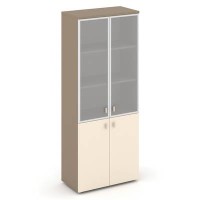 Estetica ES.ST-1.2R (Сатин/Латте) Шкаф высокий широкий, 2 низких фасада ЛДСП и 2 средних фасада стекло в раме сатин матовый