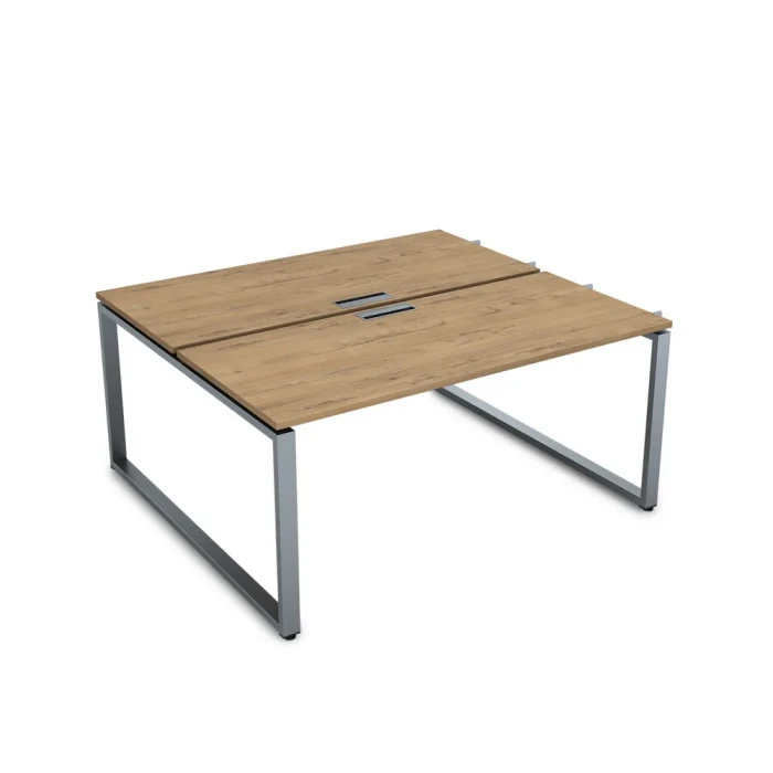 Стол на 2 рабочих места СБДН-О.979 в отделке Teakwood/Алюминий матовый, 1400х1435х750 мм