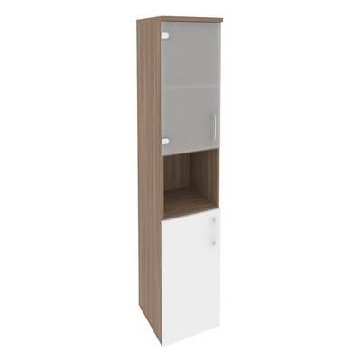 Onix O.SU-1.4(L) (Дуб Аризона/Белый Бриллиант) Шкаф высокий узкий левый (1 низкий фасад ЛДСП + 1 низкий фасад стекло)