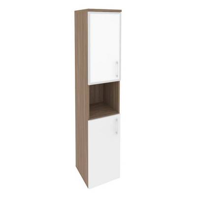 Onix O.SU-1.4R(L) white (Дуб Аризона/Белый Бриллиант) Шкаф высокий узкий левый (1 низкий фасад ЛДСП + 1 низкий фасад стекло лакобель в раме)