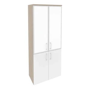 O.ST-1.2R white (Дуб Аттик/Белый Бриллиант) Шкаф высокий широкий (2 низких фасада ЛДСП + 2 средних фасада стекло лакобель в раме)