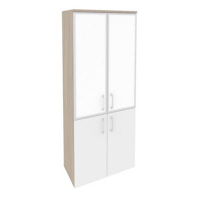 Onix O.ST-1.2R white (Дуб Аттик/Белый Бриллиант) Шкаф высокий широкий (2 низких фасада ЛДСП + 2 средних фасада стекло лакобель в раме)