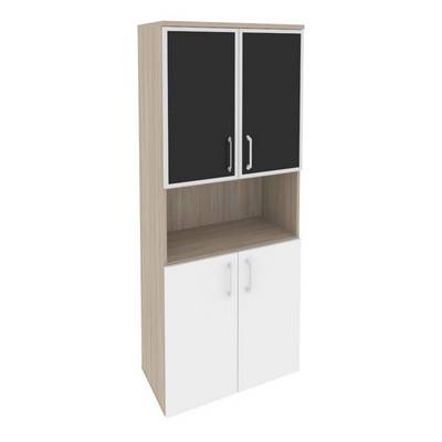 Onix O.ST-1.4R black (Дуб Аттик/Белый Бриллиант) Шкаф высокий широкий (2 низких фасада ЛДСП + 2 низких фасада стекло лакобель в раме)