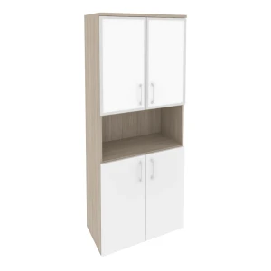 O.ST-1.4R white (Дуб Аттик/Белый Бриллиант) Шкаф высокий широкий (2 низких фасада ЛДСП + 2 низких фасада стекло лакобель в раме)
