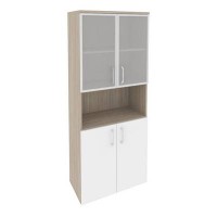 Onix O.ST-1.4R (Дуб Аттик/Белый Бриллиант) Шкаф высокий широкий (2 низких фасада ЛДСП + 2 низких фасада стекло в раме)