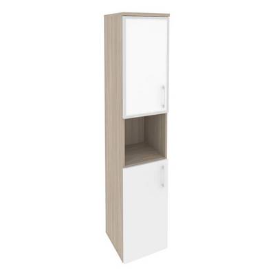 Onix O.SU-1.4R(L) white (Дуб Аттик/Белый Бриллиант) Шкаф высокий узкий левый (1 низкий фасад ЛДСП + 1 низкий фасад стекло лакобель в раме)