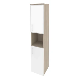 O.SU-1.4R(R) white (Дуб Аттик/Белый Бриллиант) Шкаф высокий узкий правый (1 низкий фасад ЛДСП + 1 низкий фасад стекло лакобель в раме)