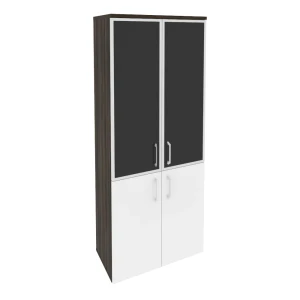 O.ST-1.2R black (Дуб Мали/Белый Бриллиант) Шкаф высокий широкий (2 низких фасада ЛДСП + 2 средних фасада стекло лакобель в раме)