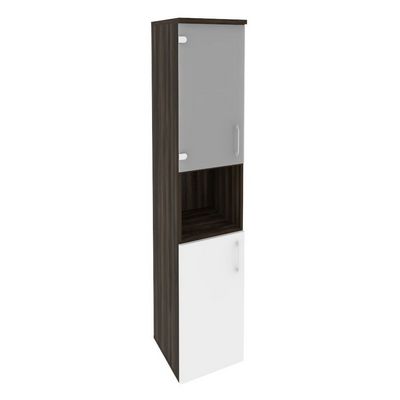 Onix O.SU-1.4(L) (Дуб Мали/Белый Бриллиант) Шкаф высокий узкий левый (1 низкий фасад ЛДСП + 1 низкий фасад стекло)