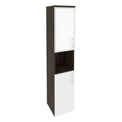 Onix O.SU-1.4R(L) white (Дуб Мали/Белый Бриллиант) Шкаф высокий узкий левый (1 низкий фасад ЛДСП + 1 низкий фасад стекло лакобель в раме)