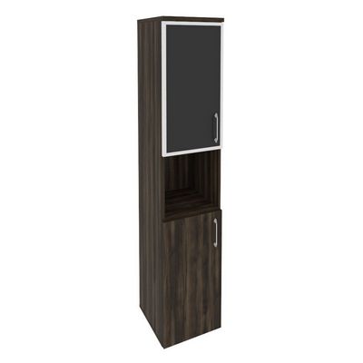 Onix O.SU-1.4R(L) black (Дуб Мали) Шкаф высокий узкий левый (1 низкий фасад ЛДСП + 1 низкий фасад стекло лакобель в раме)