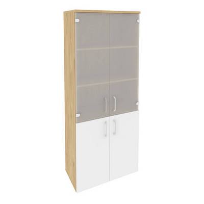 Onix O.ST-1.2 (Тиквуд Светлый/Белый Бриллиант) Шкаф высокий широкий (2 низких фасада ЛДСП + 2 средних фасада стекло)