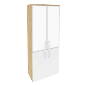 O.ST-1.2R white (Тиквуд Светлый/Белый Бриллиант) Шкаф высокий широкий (2 низких фасада ЛДСП + 2 средних фасада стекло лакобель в раме)