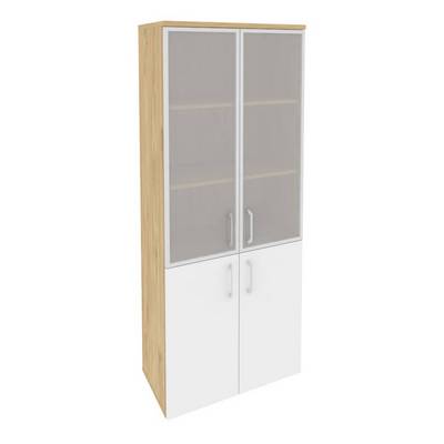 Onix O.ST-1.2R (Тиквуд Светлый/Белый Бриллиант) Шкаф высокий широкий (2 низких фасада ЛДСП + 2 средних фасада стекло в раме)