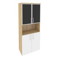 Onix O.ST-1.4R black (Тиквуд Светлый/Белый Бриллиант) Шкаф высокий широкий (2 низких фасада ЛДСП + 2 низких фасада стекло лакобель в раме)