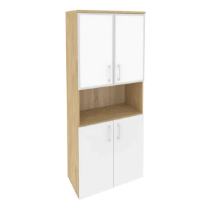 O.ST-1.4R white (Тиквуд Светлый/Белый Бриллиант) Шкаф высокий широкий (2 низких фасада ЛДСП + 2 низких фасада стекло лакобель в раме)