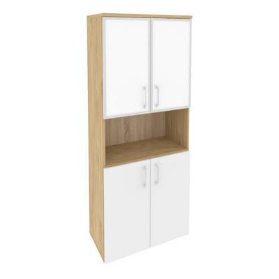 Onix O.ST-1.4R white (Тиквуд Светлый/Белый Бриллиант) Шкаф высокий широкий (2 низких фасада ЛДСП + 2 низких фасада стекло лакобель в раме)