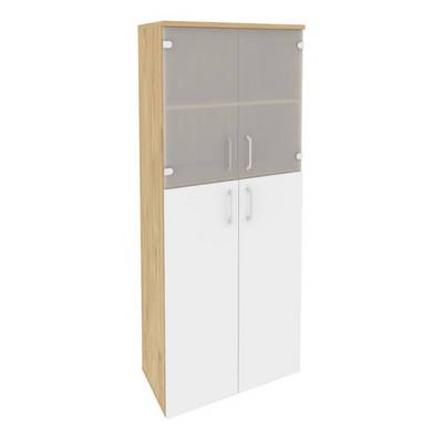 Onix O.ST-1.7 (Тиквуд Светлый/Белый Бриллиант) Шкаф высокий широкий (2 средних фасада ЛДСП + 2 низких фасада стекло)