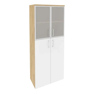 O.ST-1.7R (Тиквуд Светлый/Белый Бриллиант) Шкаф высокий широкий (2 средних фасада ЛДСП + 2 низких фасада стекло в раме)